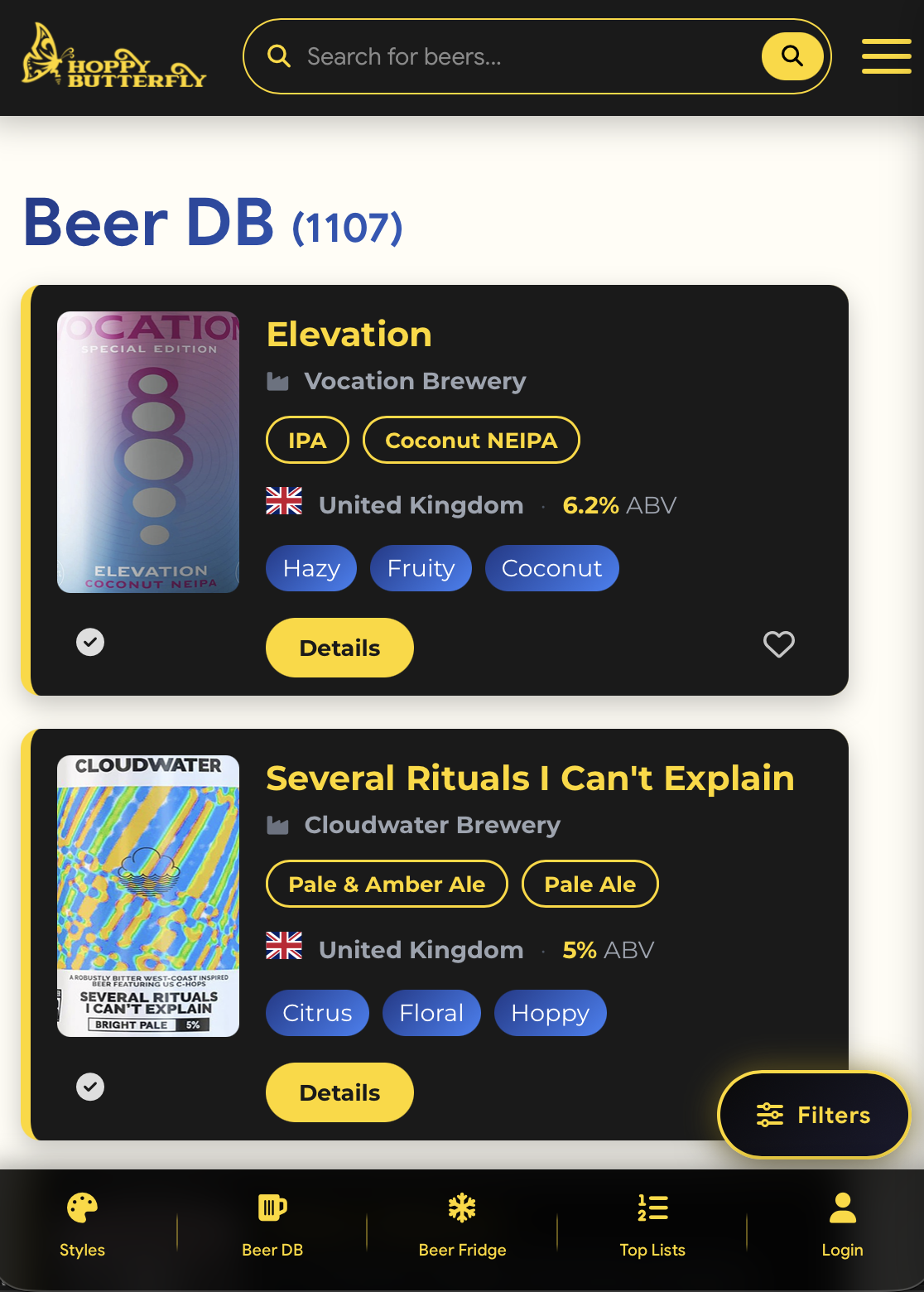 Hoppy Butterfly beer database on mobile