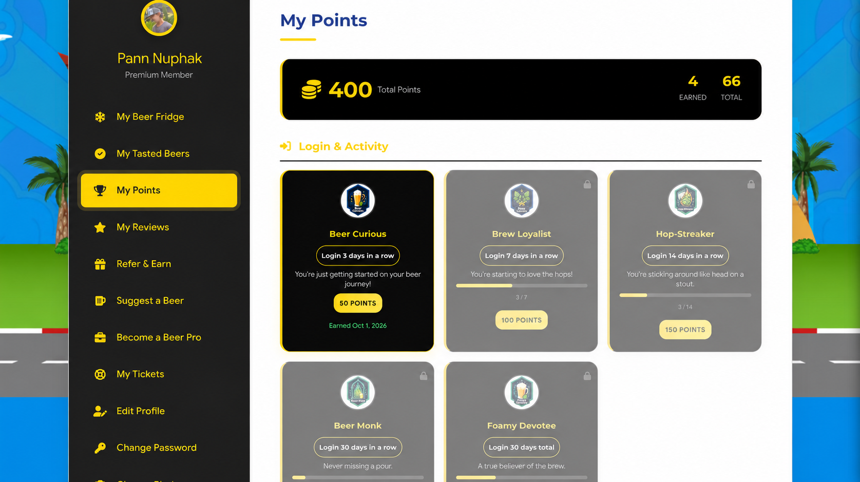 Hoppy Butterfly points and medals dashboard for Pann Nuphak